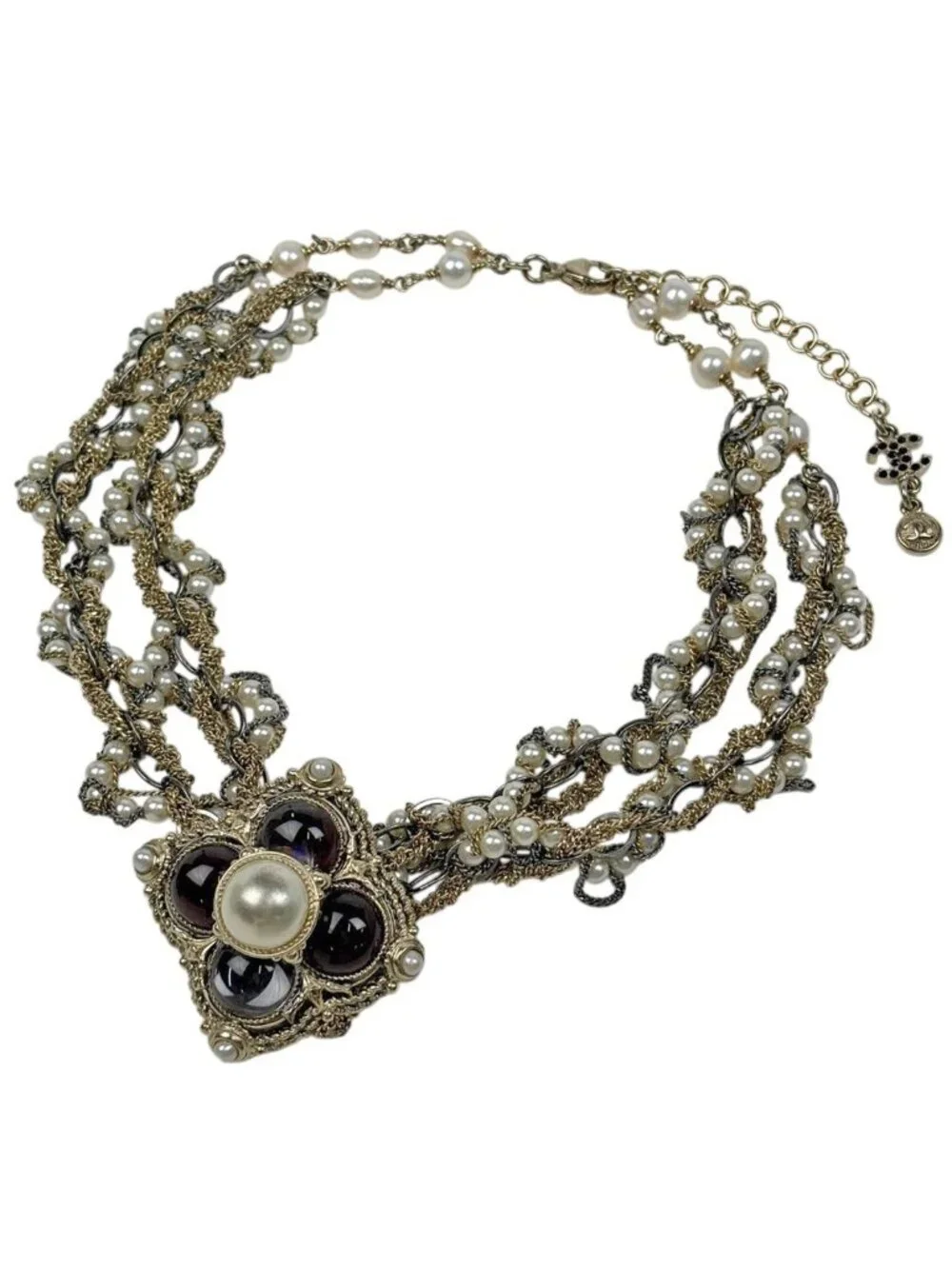 Chanel Necklace CC Logo Faux Pearl Rhinestone Gold